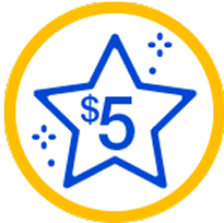 Blue star-shaped icon with "$5" in the center, representing a $5 reward, surrounded by sparkles and enclosed in a yellow circle.